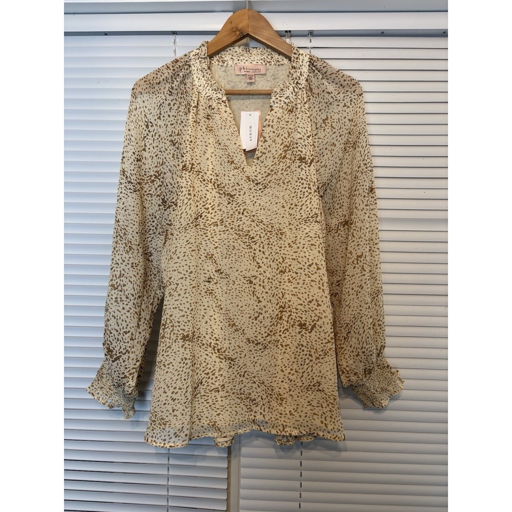 Philosophy Animal Print V-Neck Blouse Womens 2X Cream Smocked Cuff Career NWT